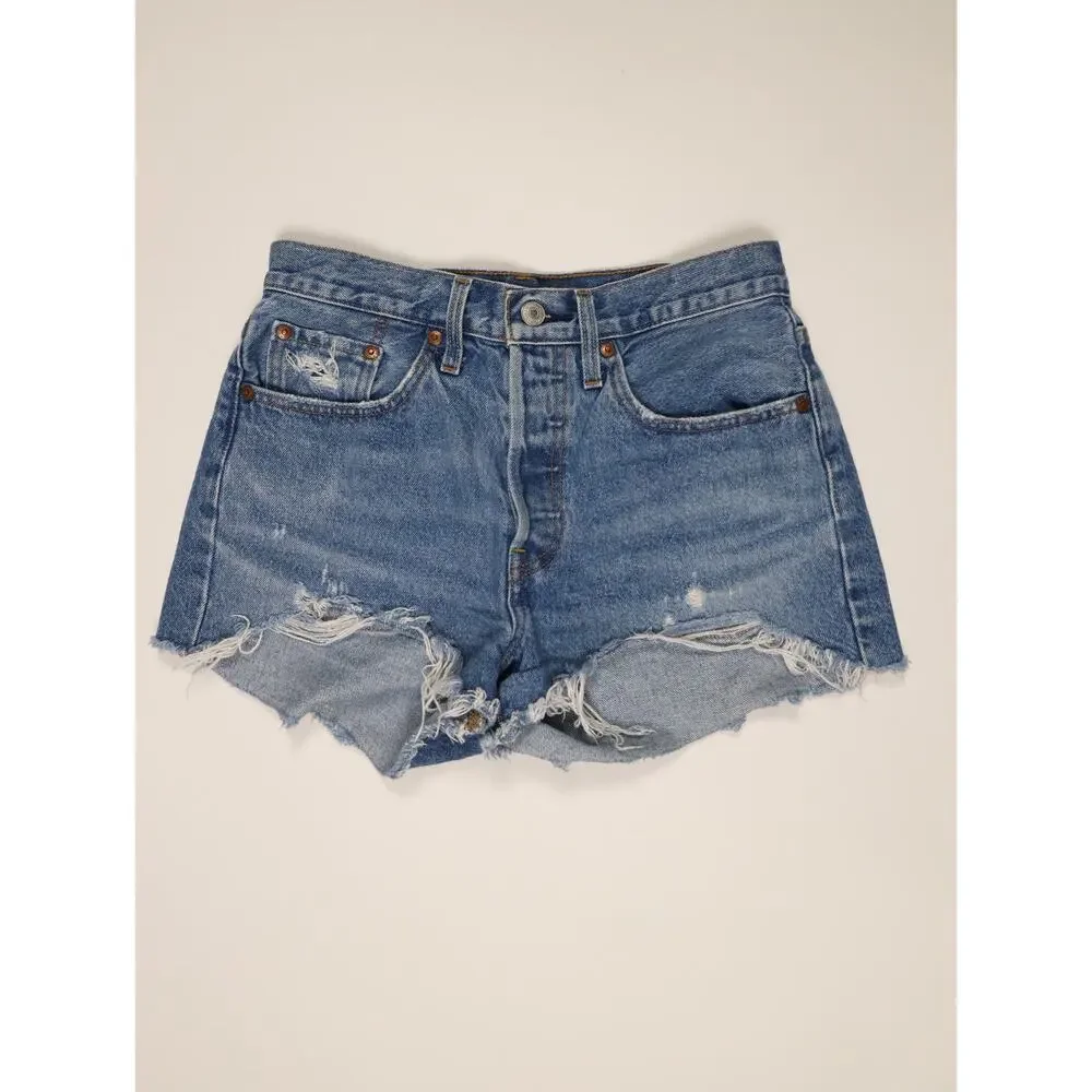 Levi’s 501 High Rise Distressed Denim Shorts Raw Hem Button Fly Size 27 Pristine